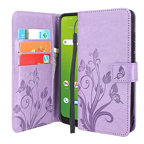 Lacass Floral Butterfly PU Leather Flip Wallet Case Cover Kickstand with Card Slots and Wrist Strap for AT&T Radiant Max 5G/ATT Fusion 5G/Cricket Dream 5G/Cricket Innovate 5G(Light Purple)