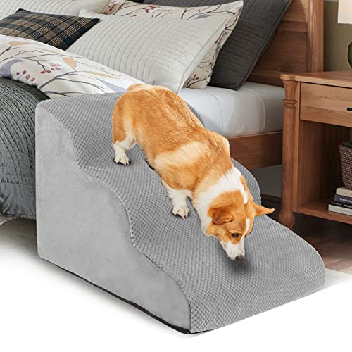 CiWiVOKi 3 Tier Dog Ramp for Couch, Non-Slip Pet Stairs, Extra Wide Deep Dog Steps, 15.7" High Sofa Foam Dog Stairs/Puppy Stairs/Dog Ladder - Best for Small Pets, Older Dogs, Cats with Joint Pain
