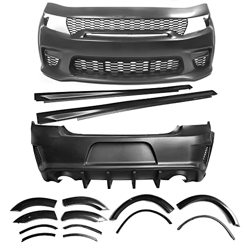 IKON MOTORSPORTS, Whole Kits Compatible With 2015-2023 Dodge Charger, Widebody Style Front Rear Bumper Grille Side Skirts Fender Flare IKON Style Matte Black Diffuser Whole Bodykits