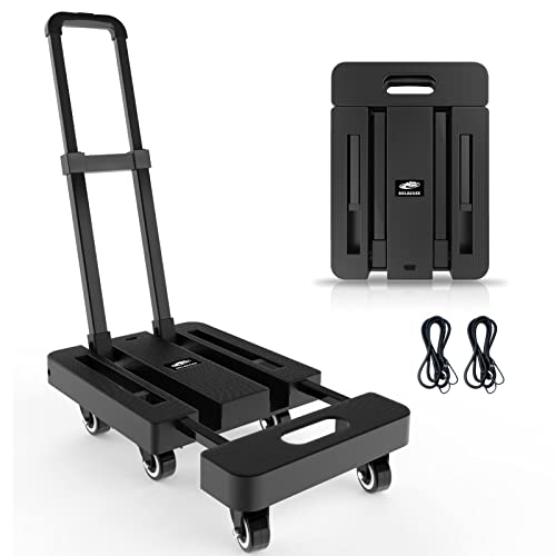 SOLEJAZZ Folding Hand Truck Dolly, Portable Dolly for Moving, 500LB Luggage Cart Dolly with 6 Wheels & 2 Bungee Cords for Luggage, Travel, Moving, Shopping, Office Use, Black