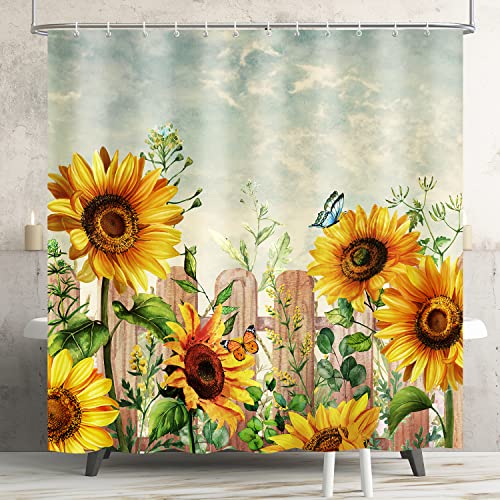 Lokigo Shower Curtain Sunflower Rustic Farmhouse Shower Curtain Set, Yellow Floral Shower Curtain, Waterproof Quick-Dry Fabric Shower Curtains, Sunflower Bathroom Curtain Decor with 12 Hooks, 72x72