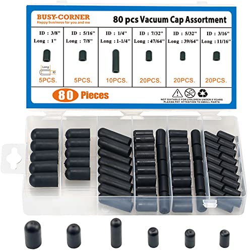 BUSY-CORNER 80 Pieces Vacuum Cap Assortment, Rubber, Dropper ID from 5/32" to 3/8" Sizes, Hose Caps Kit for Carburetor, Manifold (Black)