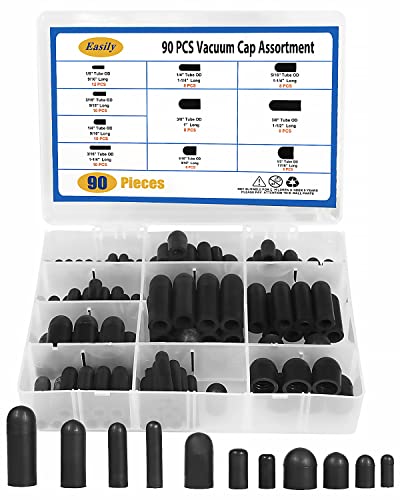 Rubber Vacuum Caps Plug Kit, 90 PCS 10 Sizes Assorted Vacuum Plugs Hose End Caps Assortment Kit for Carburetor, Manifold, Automotive 3/16'' 5/16" 1/8" 1/4" 1/2'' 3/8''