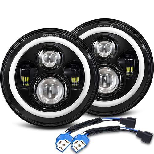 MGLLIGHT 7 Inch LED Headlights Round Halo Angel Eyes DRL Amber Turn Signal Lights H6024 LED Headlights Replace High/Low Sealed Beam Compatible with Jeep Wrangler JK TJ LJ CJ with H4 H13 Adapter, 2PCS