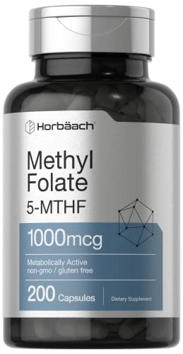 Methyl Folate 1000 mcg | 200 Capsules | 5-MTHF | Folic Acid Supplement | Non-GMO, Gluten Free Methylfolate | by Horbaach