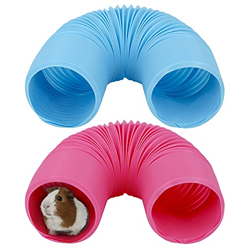 2 Pieces Pet Fun Tunnel Small Animal Play Tunnel Collapsible Plastic Tube Pet Hideaway Fun Toys for Hiding Training Fit Guinea Pigs Hamsters Chinchillas Rats Ferrets Dwarf Rabbits Pink Blue Wishope