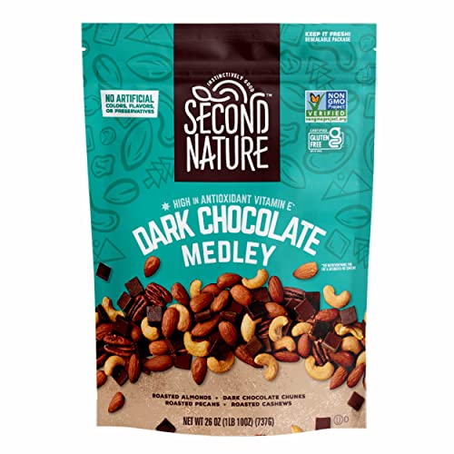 Second Nature Dark Chocolate Medley Trail Mix, 26 oz. Resealable Pouch (Pack of 1)  Certified Gluten-Free Snack Mix  Dark Chocolate and Nut Trail Mix Ideal for Quick Travel Snacks or Lunch Snacks