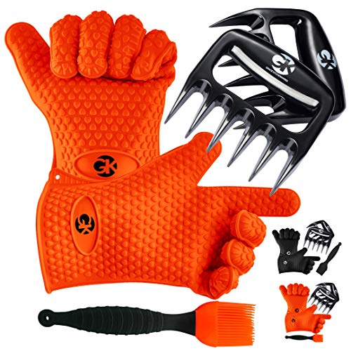 GKs Premium BBQ Dream Set: 100% Mess Proof Silicone BBQ Smoker Gloves for BBQing All Day Plus Super Sharp Solid Meat Claws for Shredding Plus Silicone Basting Brush | Smoker Accessories for Men and Women (Orange)
