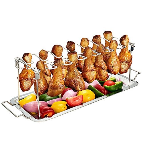 G.a HOMEFAVOR Chicken Leg Wing Rack 14 Slots Stainless Steel Metal Roaster Stand with Drip Tray for Smoker Grill or Oven, Dishwasher Safe, Non-Stick, Great for BBQ, Picnic