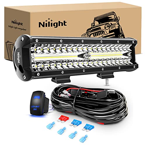 Nilight 12Inch 300W Triple Row Flood Spot Combo 30000LM Bar Driving Boat Led Off Road Lights 12V On/Off 5 Pin Rocker Switch Power 16AWG Wiring Harness Kit-2 Leads for Trucks,2 Years Warranty