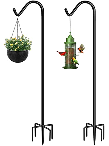 Eazielife Shepherds Hook for Outdoor Bird Feeders Pole 92 Inch Tall, Adjustable Heavy Duty Garden Hanger Stake Pole with 5 Prong Base, Shiny Black (2 Packs)