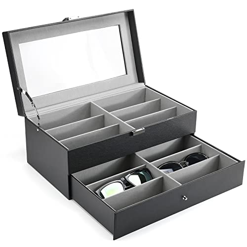 ProCase Sunglass Organizer Multiple Glasses Organizer for Women Men, Multi Sunglasses Eyeglass Eyewear Display Case, 12 Slots Leather Glasses Holder Storage Box with Drawer Glass Lid -Black