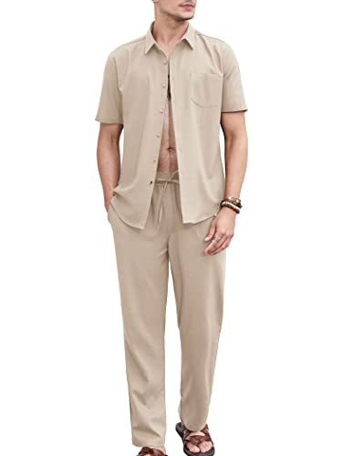 COOFANDY Men Linen Beach Set Short Sleeve Shirt Pant Set Vacation Walking Suit Set