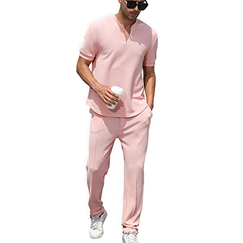 FZNHQL Mens Shirts Fashion Tracksuit 2 Piece Casual Polo Sweatsuit Athletic Sports Walking Suits for Men Jogger Sport Suits Gym Outfits 2pcs Pink L