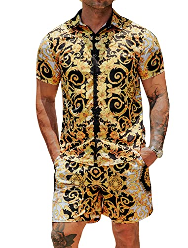 EISHOPEER Men's Luxury Button Down Short Sleeve Shirt Suits Casual Walking Suits Outfits Set Matching shirt and shorts Set Gold XX-Large