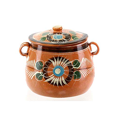 Thaweesuk Shop New Olla De Barro Frijolera w/Lid 3.5 Quarts Canterito Cazuela Traditional Floral of Set