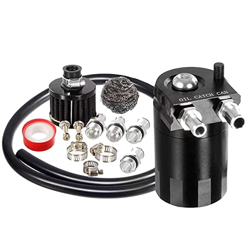 Vincos Universal 3/8"&9/16" 400ml Aluminum Oil Catch Can Dual Cylinder Polish Baffled Engine Air Oil Separator Tank Reservoir Kit with Breather Black Small Drain & High Pressure Hose Line Tube