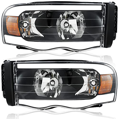 GORWARE Headlights with LED DRL for 2002-2005 Dodge Ram, Headlamp Housing for 2002 2003 2004 2005 Ram 1500, 2003 2004 2005 Ram 2500 3500, 1 Pair with Black Housing Clear Lens Amber Reflector