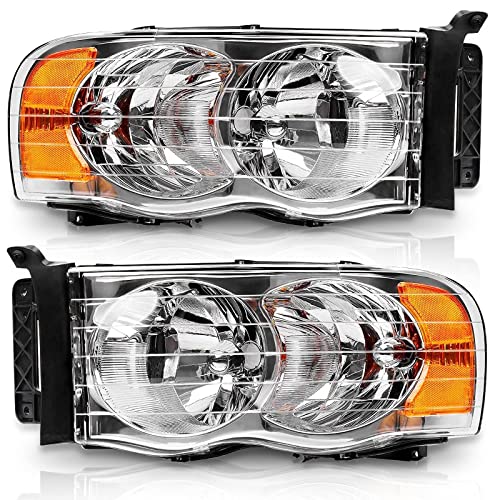 AS Headlights Assembly Compatible with 2002 2003 2004 2005 Dodge Ram 1500/03 04 05 Dodge Ram 2500/3500 Chrome Housing Amber Reflector Driver and Passenger Side Pair