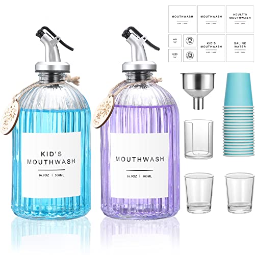 Glass Mouthwash Dispenser, 2 Pack 16.9oz Glass Bottles with Pour Spouts, 2 Reusable Glass Cups, 21 Paper Cups with Holder, Funnel and Labels, Refillable Mouthwash Bottles Container with Wooden Tag