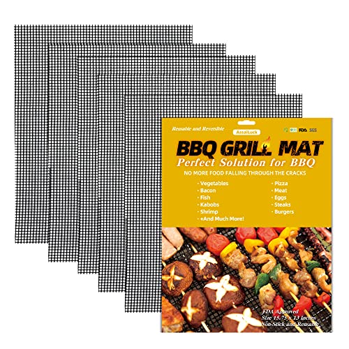 AssaiLuck Grill Mats For Outdoor Grill - Set of 5 Non-Stick Reusable Mats for Gas, Charcoal, Pellet Fuel Grills - 15.75x13 inches - Dishwasher Safe and PFOA-Free