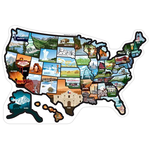 RV State Sticker Travel Map of The United States, Travel Trailer Camper Accessories, 19x13" Map RV Decals for Window Door Wall, 50 State Bumper Stickers with Scenic Illustrations - See Many Places
