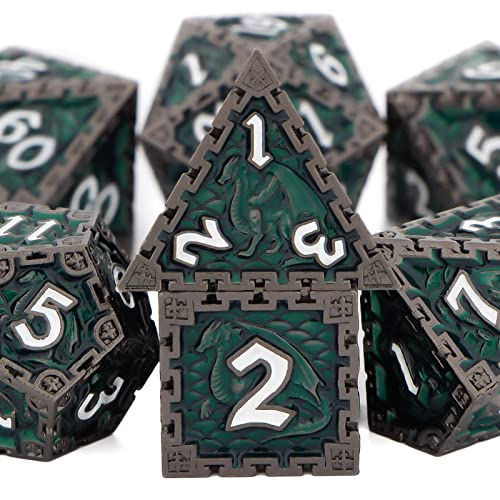 Dungeons and Dragons Dice Set DND RPG Dice, OUKELANWO 7 Die Role Playing Game Dice Set, D + D Metal Polyhedral Dice Set Roll D20 D12 D10 D8 D6 D4 with Gift Box, D and D D&D Dice (Dark Green)
