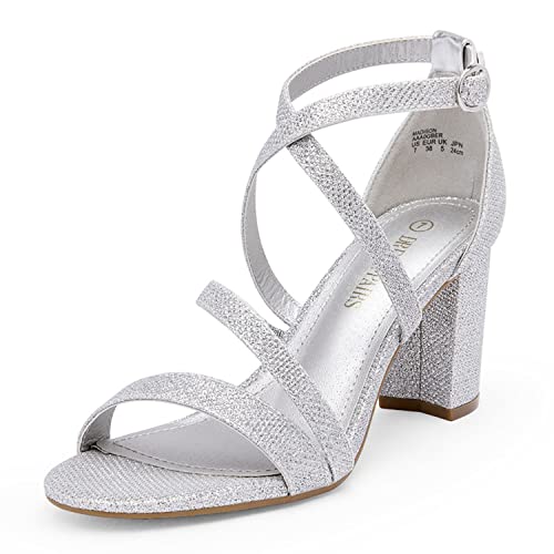 DREAM PAIRS Women's Silver Glitter Open Toe Cross Strap High Chunky Block Dress Pump Heel Sandals Size 8.5 US Madison