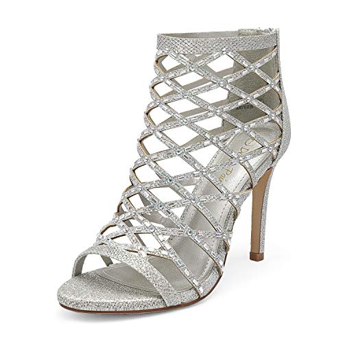 DREAM PAIRS Women's Silver Rhinestone Ankle Strap Open Toe Stiletto Heel Sandals Cutout Dress Pump Shoes Size 7.5 B(M) US Paven