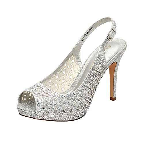 DREAM PAIRS Women's Invest High Heels Platform Sexy Dress Rhinestones Peep Toe Pumps Shoes, Silver Glitter, Size 10