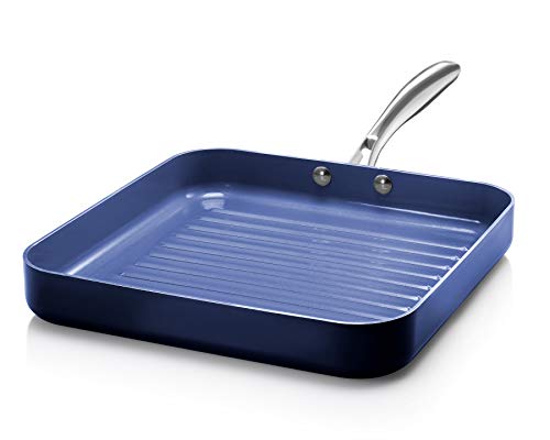 Granitestone Blue Nonstick 10.5 Grilling Pan, Diamond Infused, Metal Utensil Sear Ridges for Grease Draining, Stay Cool Stainless-Steel Handle Oven & Dishwasher Safe, 100% PFOA Free