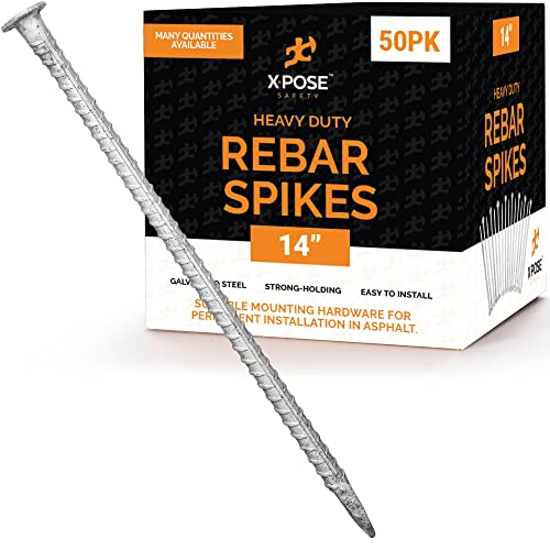 Rebar Stakes - 14 Inch Metal Spikes for Asphalt 1/2 Inch Diameter - 50 Pack Ground Stakes Heavy Duty for Speed Bump, Wheel Stop - Threaded Galvanized Steel Stakes - Rebar Support Estacas de Metal