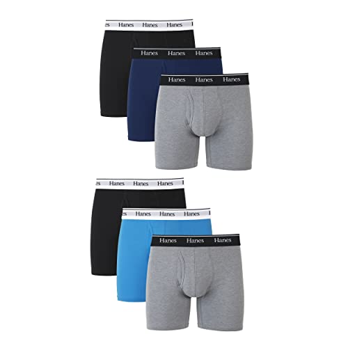 Hanes Men's Boxer Briefs & Trunks, Stretch Cotton Moisture-Wicking Underwear, Modern Fit Low Rise, Multipacks, Regular Leg-Grey/Blue/Black-6-Pack