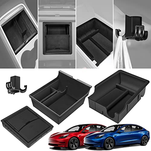 (Upgrade) 3PCS Center Console Organizer Tray Flocked Armrest Organizer Hidden Cubby Drawer Storage Box & 1PCS Trunk Hook Fit for 2021 2022 Tesla Model 3 Model Y Interior Accessories