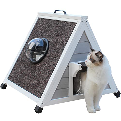 Deblue Stray Outdoor Cat House, Feral Cat Shelter Weatherproof with Raised Floor Escape Door and Clear Windows Triangle Small Animal House and Habitats