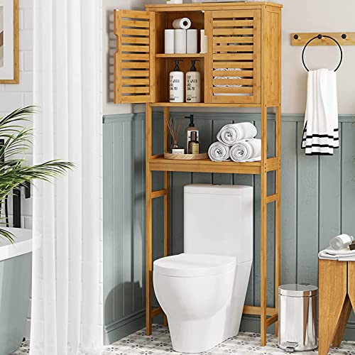VIAGDO Over The Toilet Storage Cabinet, Tall Bathroom Cabinet Organizer with Cupboard and Adjustable Shelves, Freestanding Toilet Shelf Space Saver Rack Stand for Laundry Room, Balcony, Bamboo