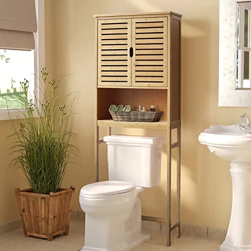 VEIKOUS Bamboo Over The Toilet Storage Cabinet, Bathroom Space Saver, Over The Toilet Rack with Adjustable Shelf, Natural Color