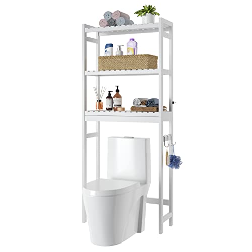 linstock Over The Toilet Storage, 3 Shelf Bathroom Space Saver, Bamboo Stable Freestanding Above Toilet Stand with 3 Hooks for Bathroom, Restroom, Laundry, White