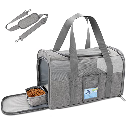 Refrze Pet Carrier Airline Approved, Cat Carriers for Medium Cats Small Cats, Soft Dog Carriers for Small Dogs Medium Dogs, TSA Approved Pet Carrier for Cats Dogs of 15 Lbs, Puppy Carrier,Grey