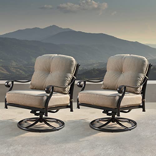 Oakland Living Aluminum Outdoor Swivel Club Finish with Thick Tan Polyester Cushions (Set of 2) Deep Seating Rocking Chairs, Antique Copper