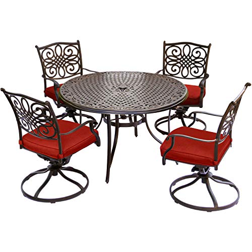 Hanover Traditions 5-Piece Patio Dining Set with Rust-Free 48'' Round Dining Table and 4 Swivel Rocker Chairs with Plush Weather Resistant Autumn Berry Red Cushions, Modern Outdoor Furniture