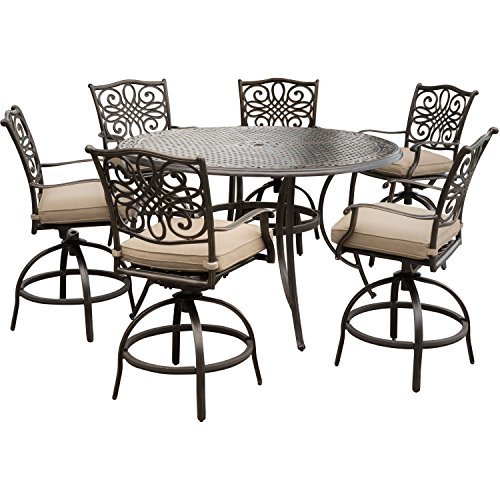 Hanover TRADDN7PCBR Traditions 7-Piece Rust-Free Tan Cushions, 6 Counter-Height Swivel Chairs and Aluminum Round Bar Table Outdoor Furniture