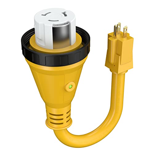 QNINE 50 Amp to 110v RV Adapter Cord 12" with Locking Connector, NEMA 5-15P Male to NEMA SS2-50R Female, Dogbone Electrical Power Adapter with LED Power Indicator, ETL Listed, Yellow