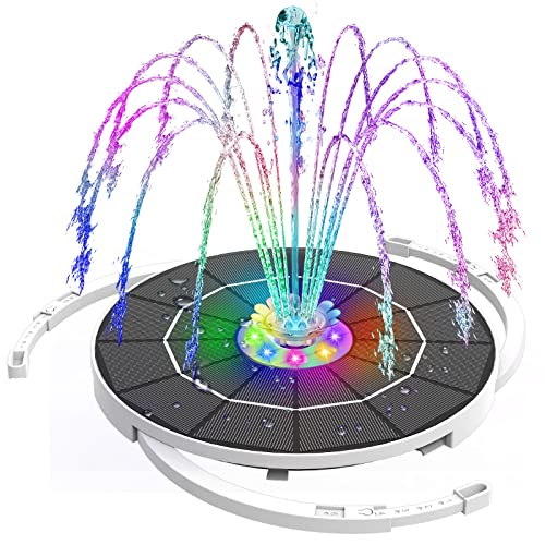 AMZtime 5.5W Solar Fountain with Light, 5.5W LED Light Solar Birdbath Fountain, 3000mAh Battery & 8 Nozzles Solar Fountain Pump for Pond, Birdbath, Pool, Garden