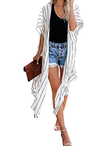 Dokotoo Womens Spring Female Striped Ladies Open Front Short Sleeve Fashion Long Kimonos Casual Long Cardigans Loose Shawl Kimonos Beach Swimsuit Cover Up Swimwear Outerwear One Size White