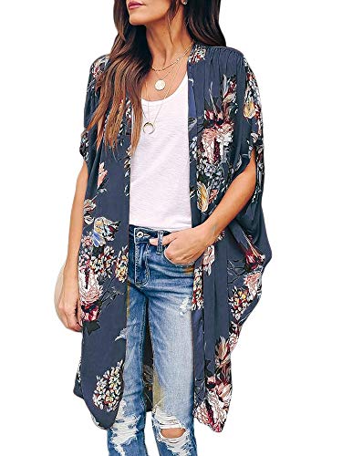 Womens Floral Beach Cover Up Kimono Open Front Cardigans Short Sleeve Draped Flowy Duster Cape Blue