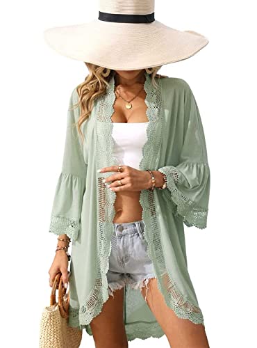 Womens Beach Open Front Sheer Lace Kimono Cardigan 3/4 Bell Sleeve Summer Plain Cover Up Green XL