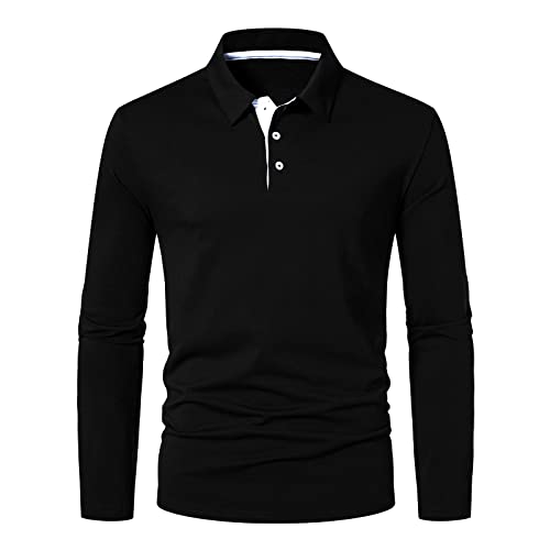 A WATERWANG Men's Long Sleeve Polo Shirts, Slim-fit Cotton Golf Polo Shirts Basic Designed Black