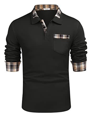 COOFANDY Men's Classic Fit Casual Long Sleeve Plaid Collar Polo Shirt, Long Sleeve Black, Large