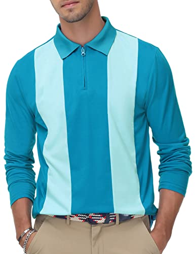 PJ PAUL JONES Mens Contrast Striped Polo Shirts Long Sleeve Zip Cotton Golf Shirts Polos Blue XL